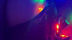 reverse cowgirl rides big cock with toys and fishnets on tied ass