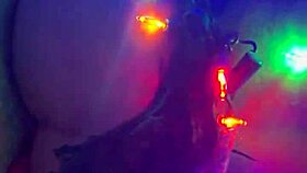 reverse cowgirl rides big cock with toys and fishnets on tied ass