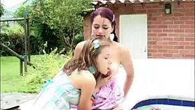 Selina 18 fingering Latina lover's pussy in steamy pool scene