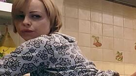 Damn, this sexy maid sucks n' fucks in kitchen... huge cumload!