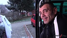 found this busty milf whore on the street, got her pussy cum covered in a driving van, damn