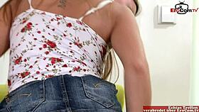 mmf anal 3some unfolds with a skinny long-legged brunette