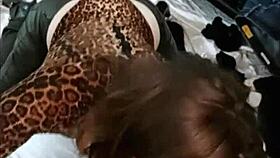 French amateur in black leather pants, multi-colored thong, satin grey shirt, heels rims and doggystyles in pov! 😏