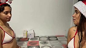 Latina partner collects christmas gifts then enjoys intense blowjob and fucking with big tits and ass