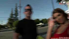 Brunette with natural tits picked up for sex on desk at office.