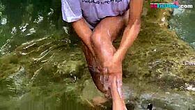 Intense Outdoor Bath For Sexy Amateur Shemale