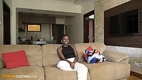 yo, this shy ebony amateur at the african casting is obsessed with big white cock! she's riding it hard during the interview.