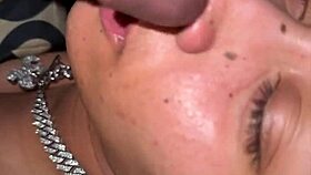 She keeps suckin after I cum on her big tits.