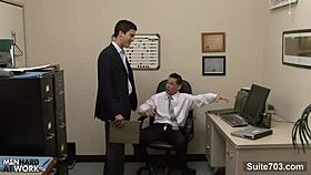 Gay workers interact in office with tattoos