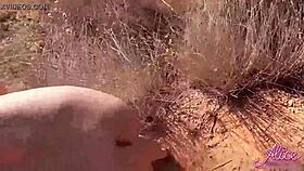 brunette gives blowjob to stranger's monster cock then rough doggy outdoor