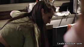 Busty babe tribs plumber in scissors position