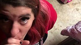 bbw with huge natural tits gives blowjob in the garage