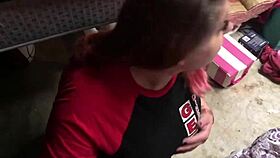 bbw with huge natural tits gives blowjob in the garage