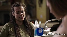 Busty babe tribs plumber in scissors position