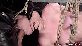 slave in suspension bondage gets anal fucked with deepthroat and gagging