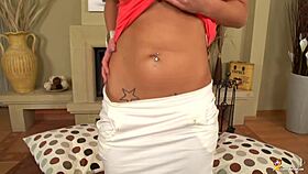 busty cute teen toying her tight cunt with dildo, getting wet and ripping clothes