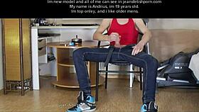 Young gay boy jerking his cock in jeans