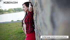 czech teen girl masturbating solo, showing her tits and legs in close-up