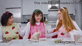 geek chicks get horny at party, blowjob group action