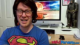 two nerds get blown by british slut in stockings