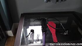 Goddess Sophia tests her brutal whipping tools for maximum pain in femdom session