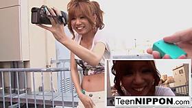 Cute Japanese Girl Wears Vibrator in Shorts for Blowjob and Facial