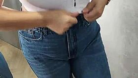 In the store's dressing room, assfucking with jewelry plugged in pussy