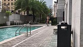 milf wears sheer bikini at public pool for sports