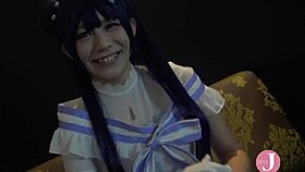 Japanese idol cosplayer in hentai cosplay gets creampied in doggystyle
