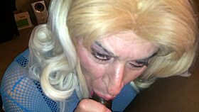 Tiffany in crossdressing sucks massive 55-inch big black cock intensely in POV