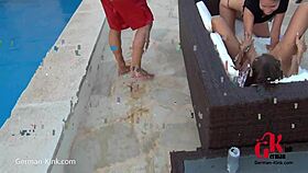 Teens enjoy a wild pool threesome on holiday