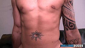 Santiago Figueroa and Kirk Cummings engage in gay blowjob and cum action.