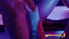 Big-chested babes have intense double dildo sex in the tub