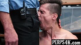 shoplifting twink gets strip searched by gay bodybuilder officer in backroom