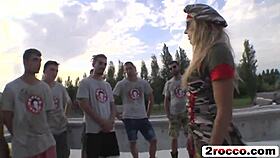 Two slutty whores feel intense pleasure getting fucked hard by army garrison