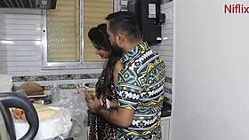 young newly married indian wife romantic love making in kitchen with blowjob and wet pussy.