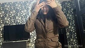 Milfycalla, Cum Drips on Brown Fur Hooded Puffer Jacket in Close-Up!