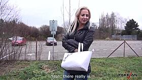 Nasty secretary gets convinced to suck and fuck in the van by a handsome guy