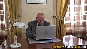 Teen eagerly throats and rides an old man’s cock