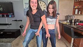2 piss whores desperate to pee, soaking their blue jeans in a messy frenzy