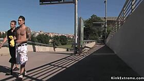 handcuffed blonde sucking dicks outdoor in public