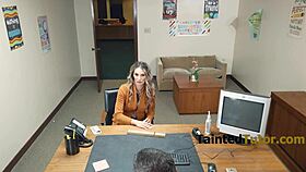 The milf boss at college desk talks to the principal about her stepson's secret