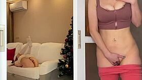stepmom masturbates together with stepdaughter while watching her on new years eve - cumming together