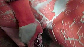 Oily wife gets messy fucked with dildo spreading pussy in boots cumshot