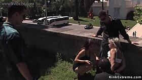 handcuffed blonde sucking dicks outdoor in public