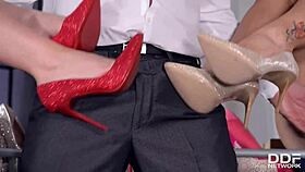 Mea Melone and Wendy Moon cum from shoe fetish anal at office 😈