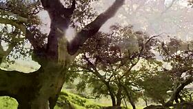 girl in cosplay plays with her pussy naked outside in the woods