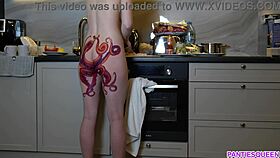 i feel so emotional watching this naked housewife with octopus tattoo on ass cook dinner in the kitchen