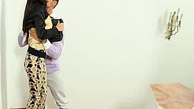 classy babe spunked on in threesome with heels