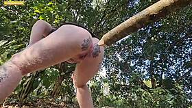 hey, i spread my tiny slit in the forest for a thick log